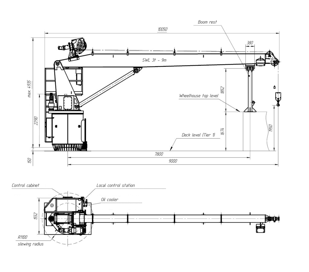 Marine Stiff Boom Crane Model 3TX9M Drawing