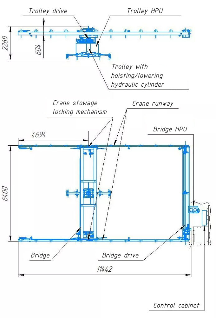 Special marine overhead crane in stowed position