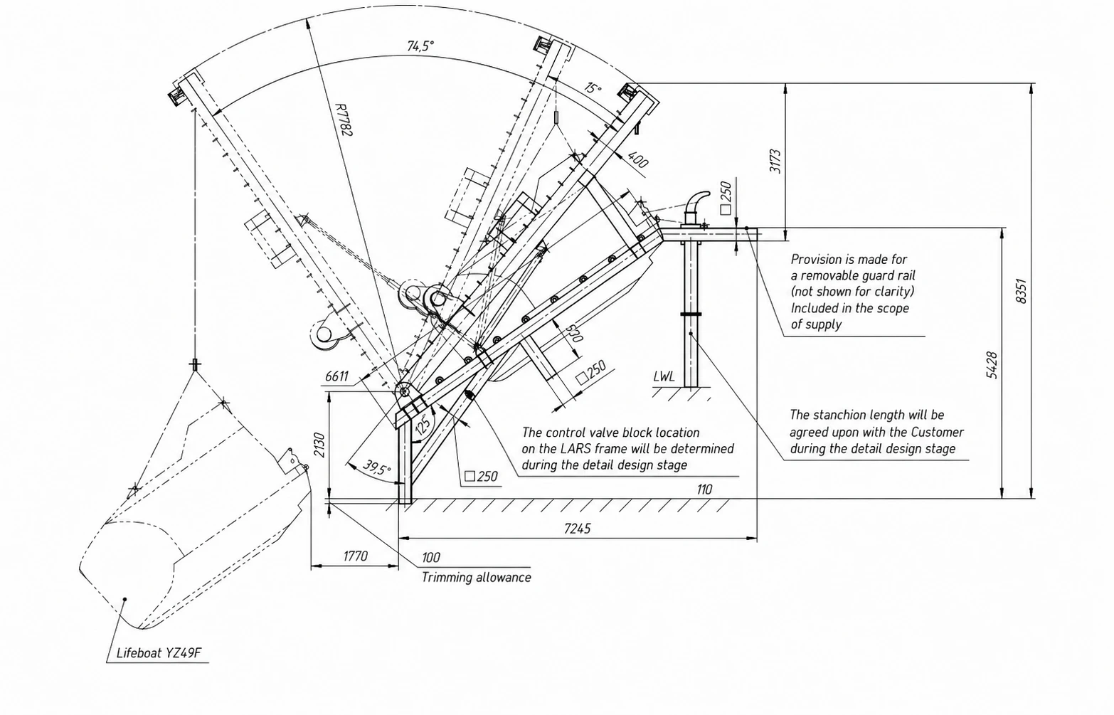 Free-fall Lifeboat Davit Model 55 kN Dimensions Side View