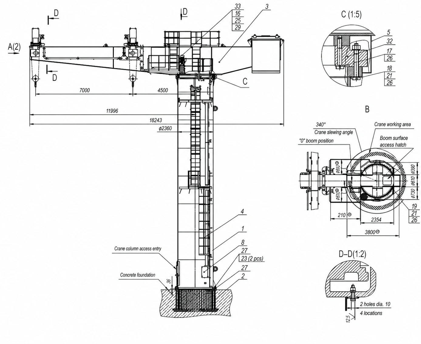 Marine Jib Crane 80T Dimensions Side View