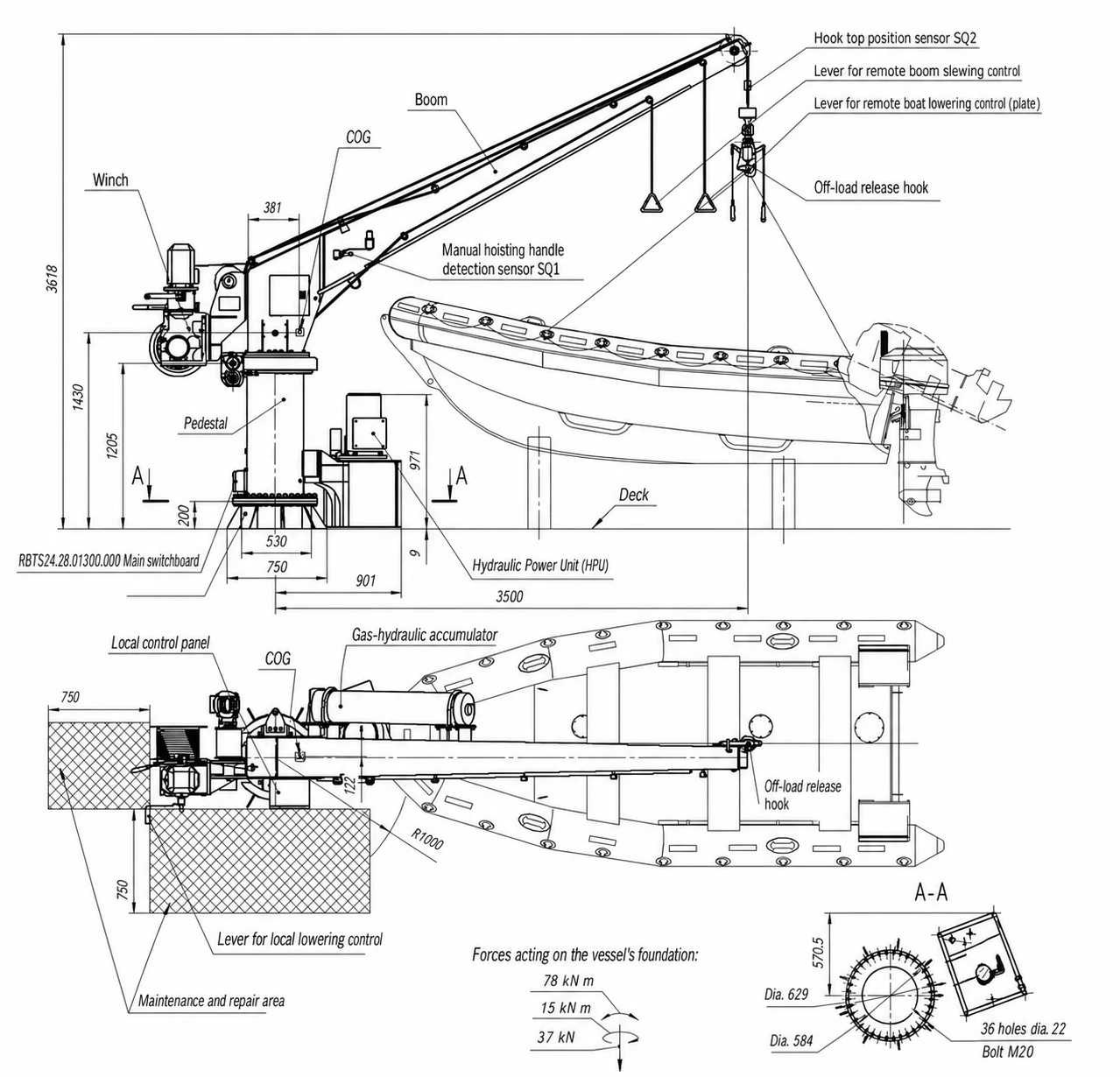 Marine Rescue Boat Davit Model 12TX35M Dimensions