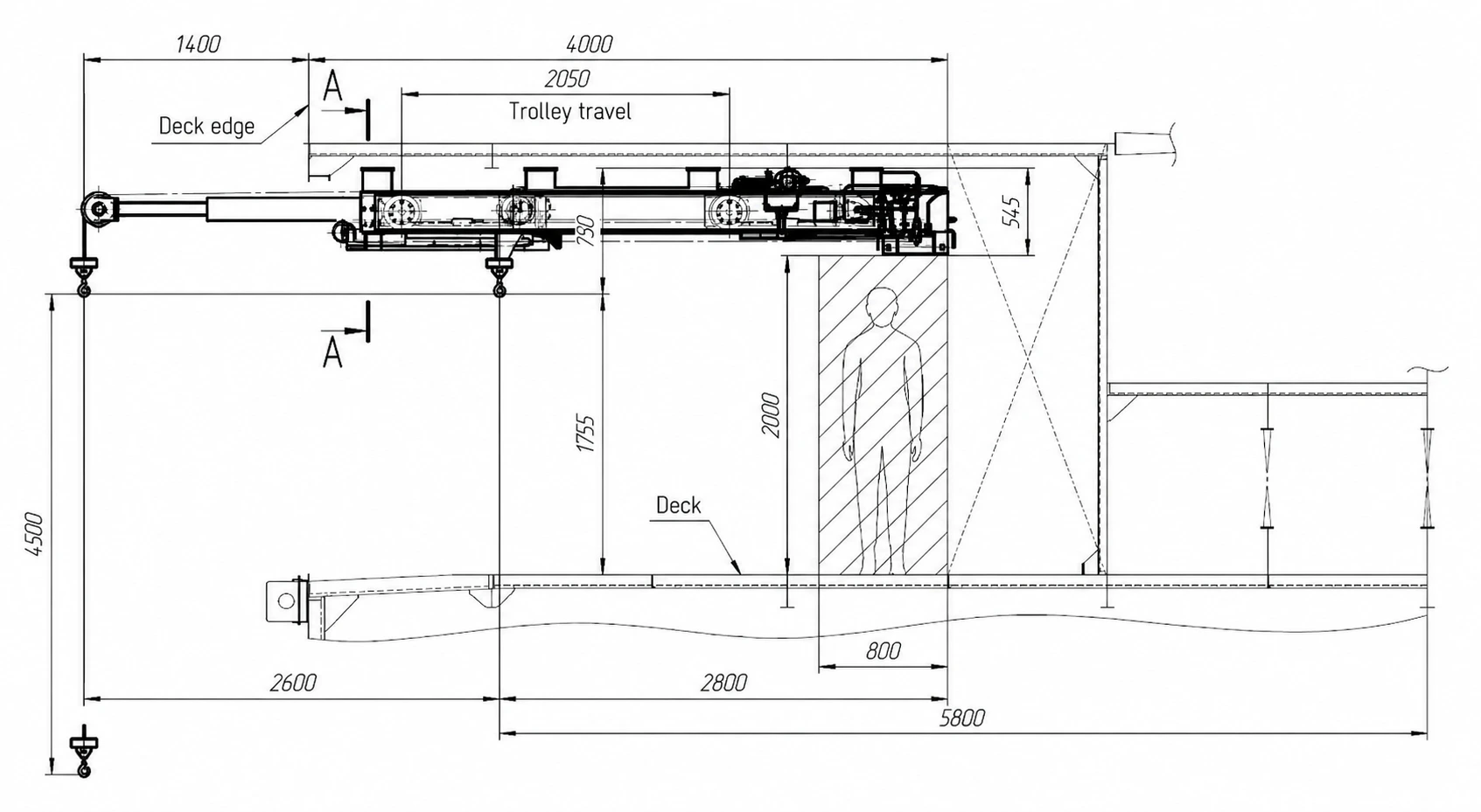 Marine Single-Beam LARS 0.65tx2.6m Dimensions Side View