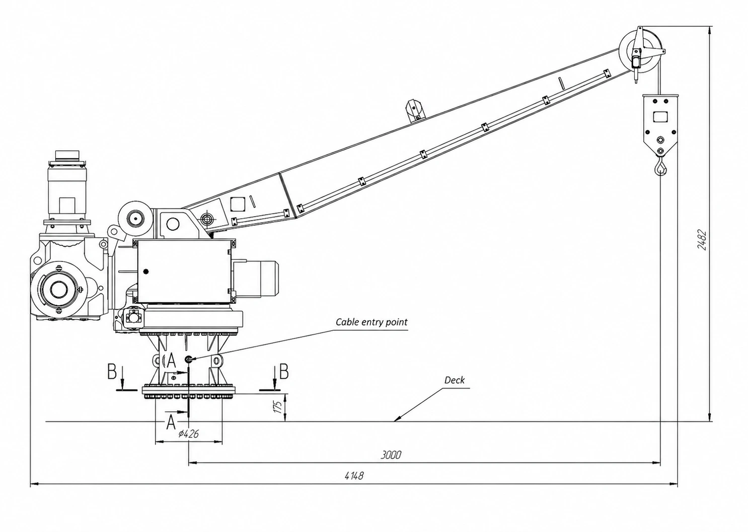 Marine Stiff Boom Crane 1TX3M Side View