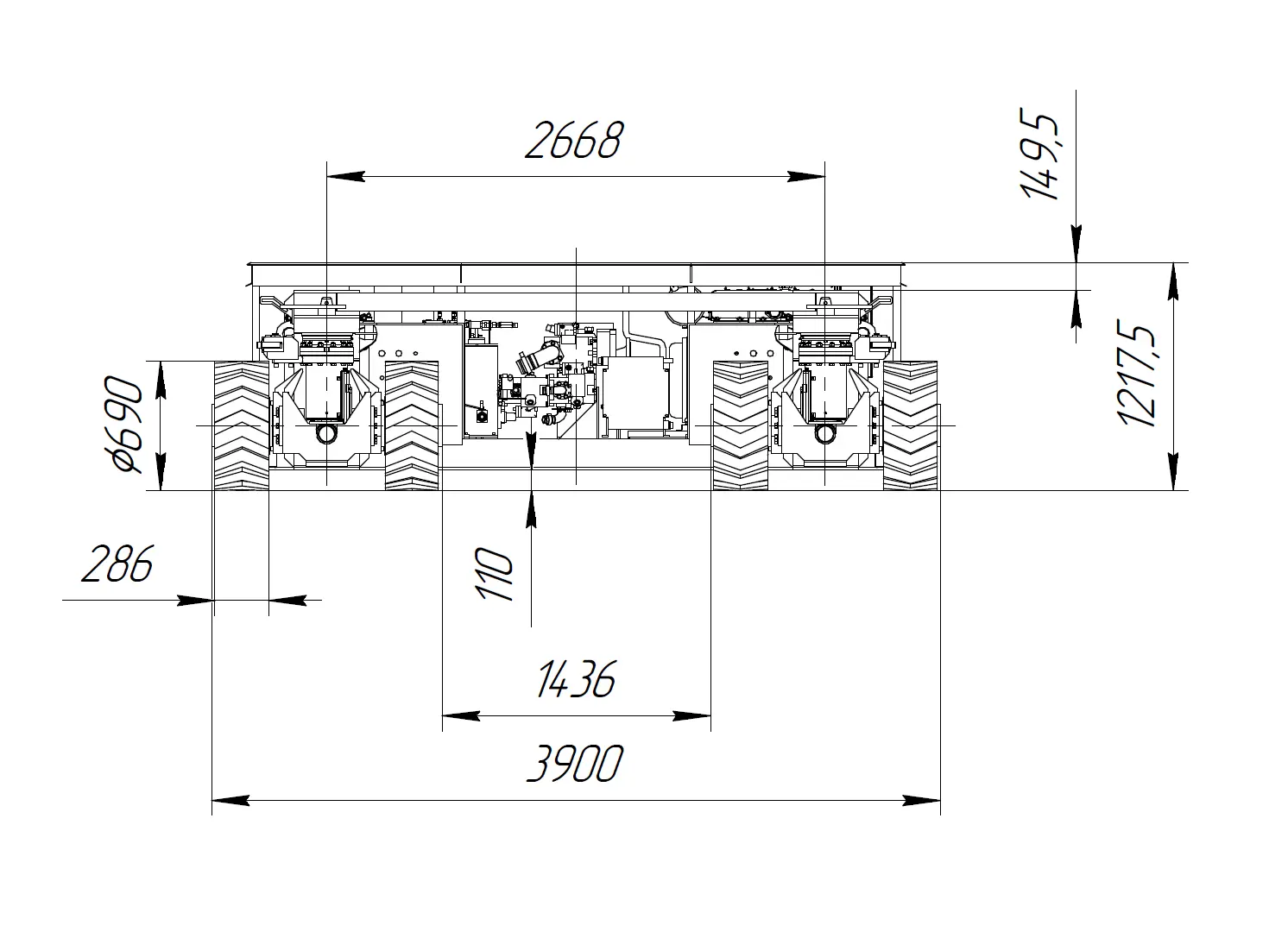 Self-Propelled Trailer Model 25 T Dimensions Front View