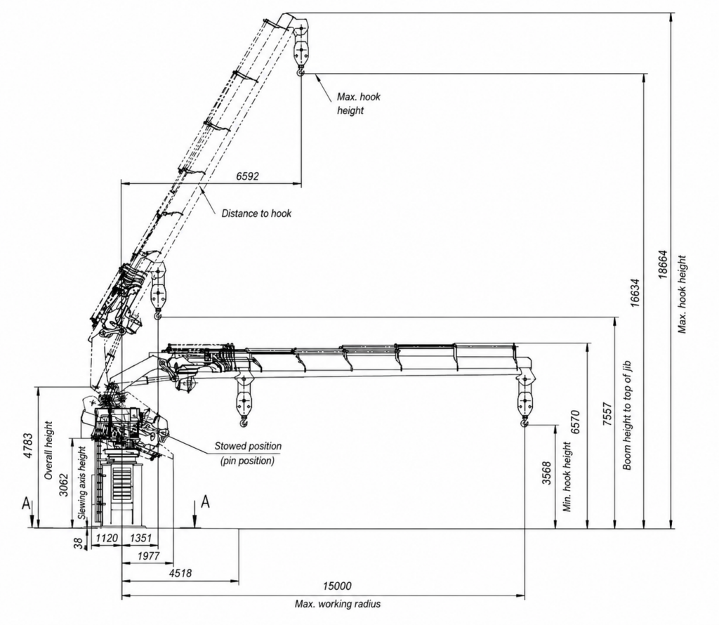 Marine Knuckle Boom Crane with 5t Capacity 5 t Marine Crane-Manipulator Side View General Arrangement Drawing