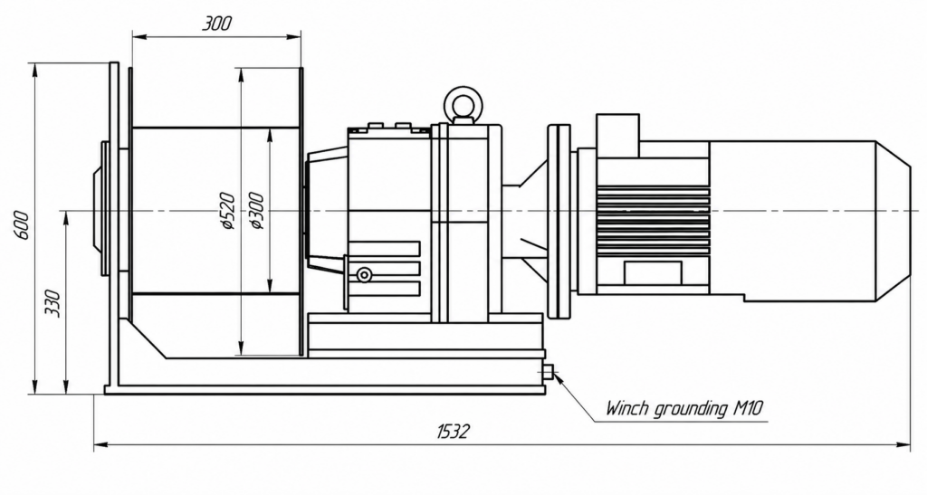Electric Cargo Winch 18 kN Line Pull — Dimensional Drawing, Side View