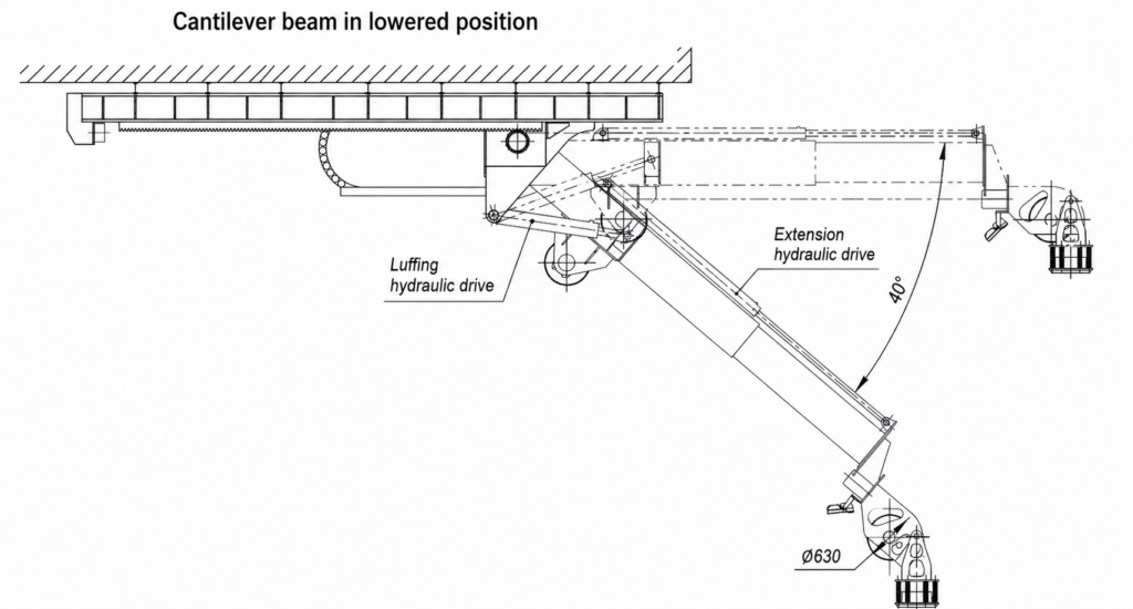 Overhead telescopic LARS 7 t – General arrangement drawing, side view, deployed (lowered) position