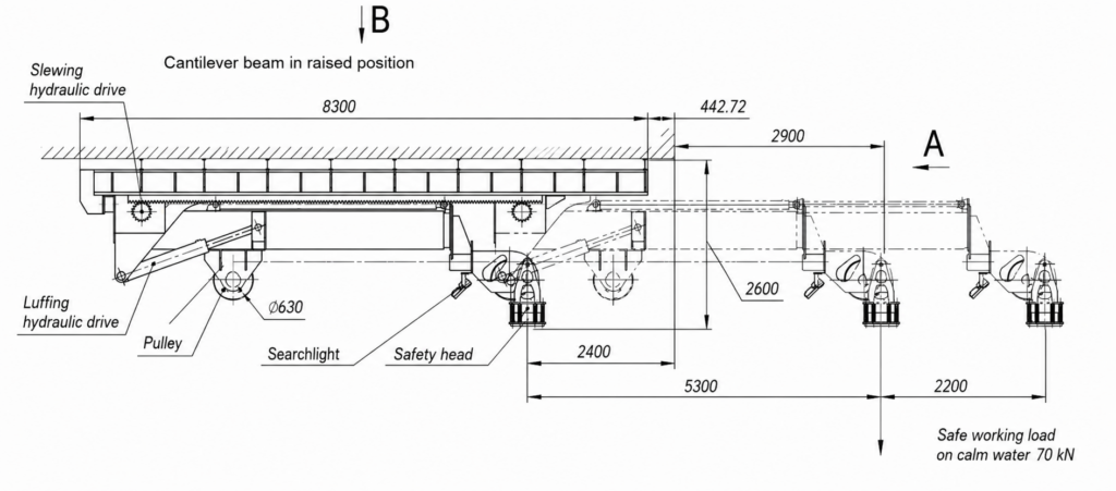 Overhead telescopic LARS 7 t – General arrangement drawing, side view, stowed (raised) position