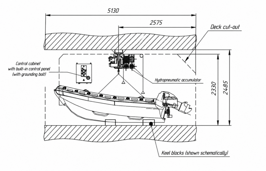 Telescopic Overhead Rescue Boat Davit, SWL 1 t – General Arrangement Drawing, Front View